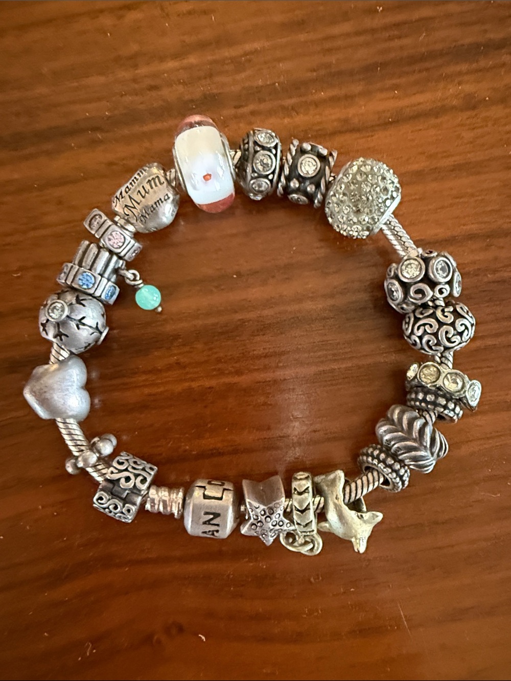 Pandora Silver Charm Bracelet with Pink & White Murano Bead